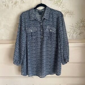 Lucky Brand Navy Geometric Chevron Button Down Blouse Long Sleeve Boho Career XL
